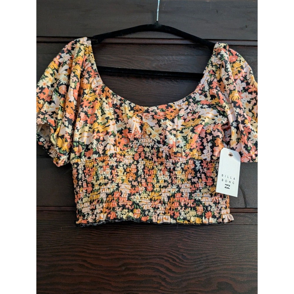 NWT Billabong Floral Smocked Crop Top Short Puff Sleeve Square Neck Large
